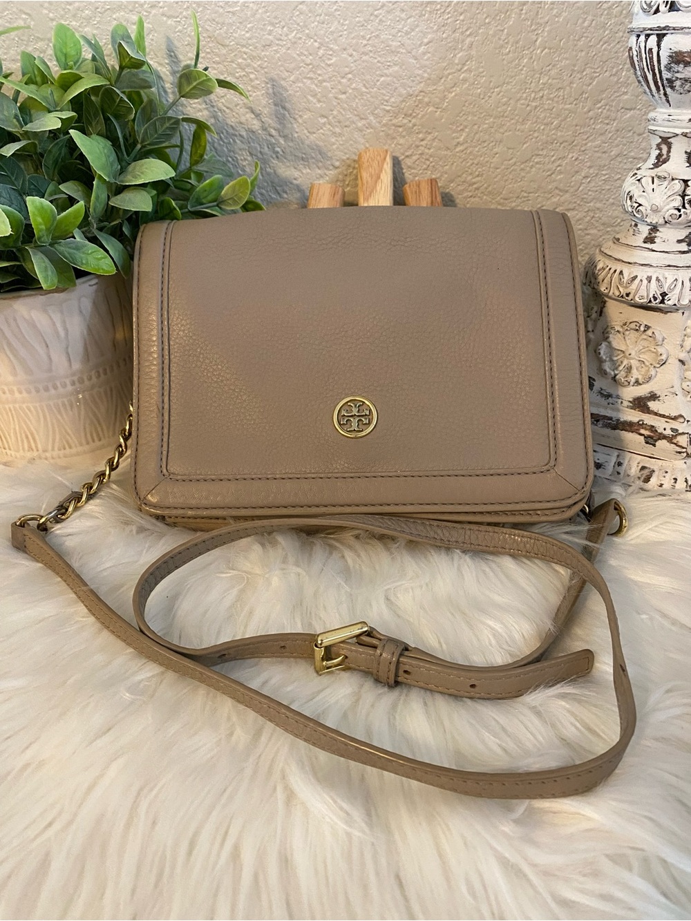 Tory Burch Taupe Leather Crossbody with Gold Logo Accent